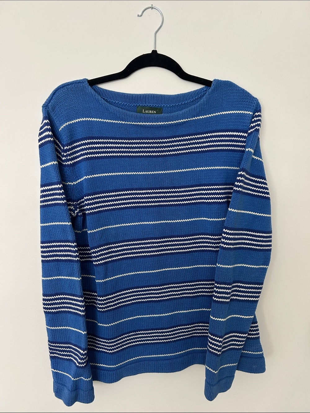 Lauren Ralph Lauren Blue and White Striped Crewneck Sweater